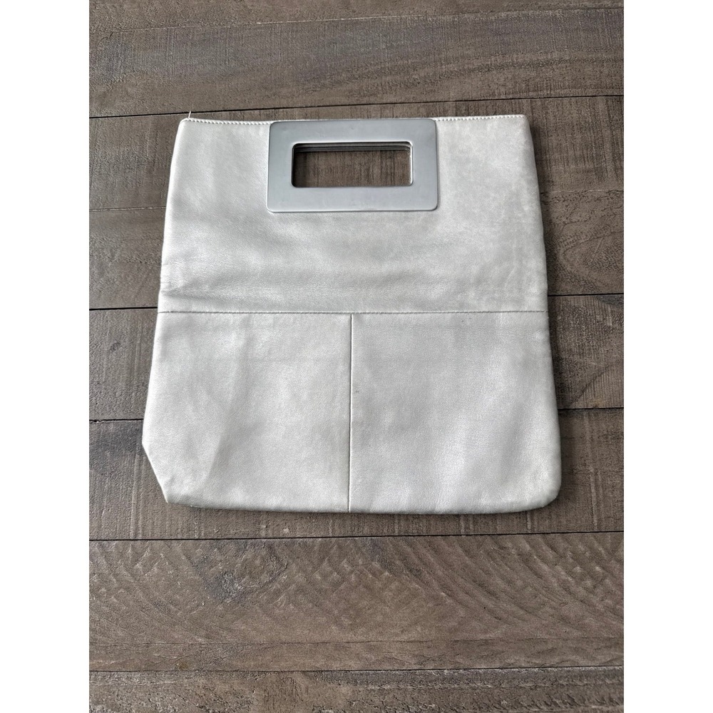 Redken 5th‎ Avenue Silver leather clutch handbag rectangular Metal Cutout Handle